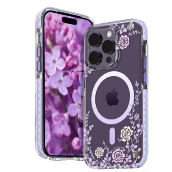 Kingxbar Apple iPhone 14 Pro MagSafe maciņš ar peoniju ziedu apdruku Flora sērija, purpura