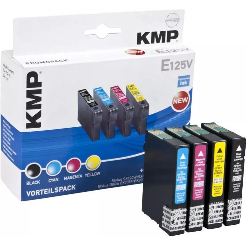 KMP E125V saderīgu tintes kasetņu komplekts 3 gab. – ciāna, fuksīna, dzeltena Epson Stylus SX230, SX235, SX430, SX438, WorkForce WF-3520, WF-3530, WF-3540, WF-7015, WF-7515, WF-7525
