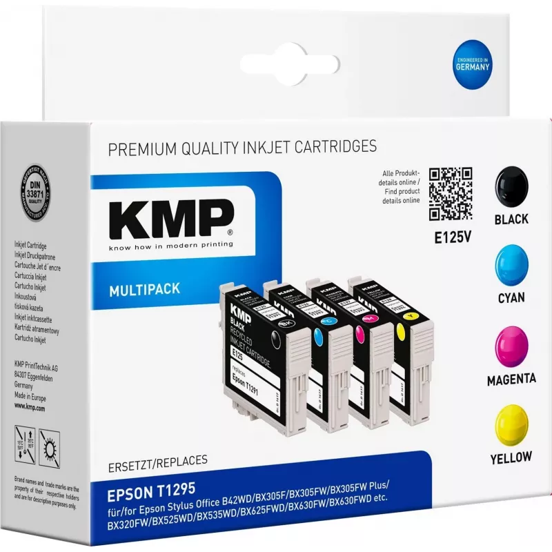 KMP E125V saderīgu tintes kasetņu komplekts 3 gab. – ciāna, fuksīna, dzeltena Epson Stylus SX230, SX235, SX430, SX438, WorkForce WF-3520, WF-3530, WF-3540, WF-7015, WF-7515, WF-7525