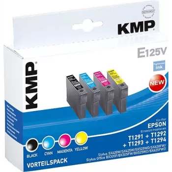 KMP E125V saderīgu tintes kasetņu komplekts 3 gab. – ciāna, fuksīna, dzeltena Epson Stylus SX230, SX235, SX430, SX438, WorkForce WF-3520, WF-3530, WF-3540, WF-7015, WF-7515, WF-7525
