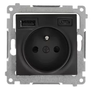 KONTAK-SIMON SIMON 54 Modulis Black Matt – 1x Schuko Ligzda 16A 250V + 2x USB (Type A & C) 2.1A, Skrūvju spailes