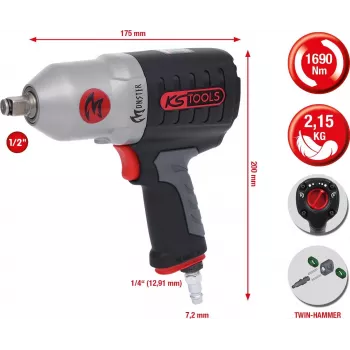 KS TOOLS 1/2 inch MONSTER augstas veiktspējas pneimatiskais trieciena uzgriežņu atslēga, 1690 Nm (515.1210)