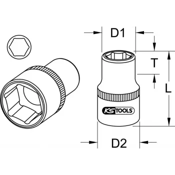 KS TOOLS 1 collas piedziņas 38mm īsā sešstūra uzmava, 6 punktu, hroma vanādija tērauds, DIN 3124 911.1038