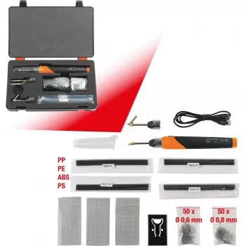 KS TOOLS 150.1010 Bezvadu plastmasas remonta komplekts, 134 daļas, 3,7V Li-Ion karstā skavotājs ar 200 nerūsējošā tērauda skavām, 450°C, uzglabāšanas koferis