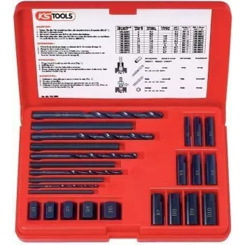 KS TOOLS 25 daļu skrūvju izvilkšanas komplekts, kreisās griešanās HSS, M3-M18, ar urbjiem un vadotnēm (150.1305)