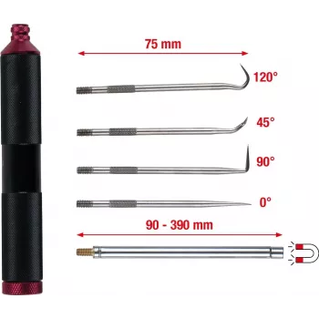 KS TOOLS 550.1080 magnētisko un āķu instrumentu komplekts, 6 daļas, elastīga un stingra stieņa magnēti, 4 āķu profili, ergonomiski rokturi
