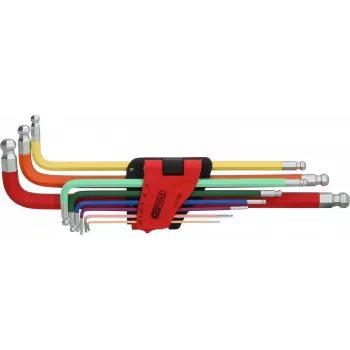 KS TOOLS 9 gabalu īpaši garš hex atslēgu komplekts ar dubulto lodveida galu, 1,5-10mm, hroma vanādija tērauds, matēts hroma pārklājums, DIN ISO 2936, ERGOTORQUEplus 151.3222