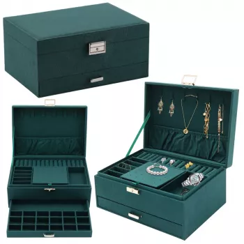 LEAN Jewelry Organizer Box with Drawer and Key, Green Velvet