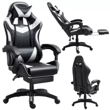LEAN Swivel Office Gaming Chair with Footrest and Cushions, Black and White