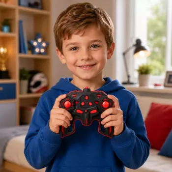 LEAN TOYS 29711 RC Stunt Car 1:10 4WD ar 360° rotāciju, LED gaismām un dūmu efektu (Melns/Sarkans)
