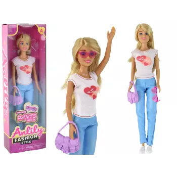 LEAN TOYS Anlily Bērnu lelle ar garu blondiem matiem, rokassomu, brillēm un baltu blūzi