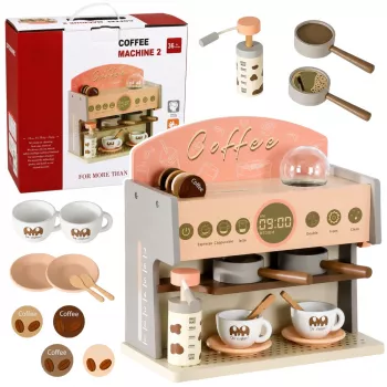 LEAN TOYS Barista kafijas automāta komplekts ar koka aksesuāriem, rozā