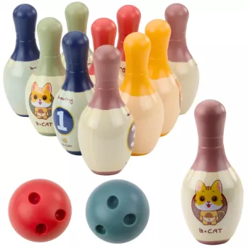 LEAN TOYS Boulings ar kaķiem bērniem 10 ķegļi 2 krāsainas bumbas