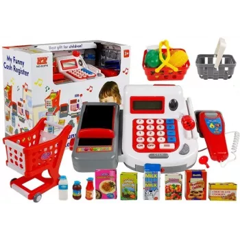 LEAN TOYS kases aparāts ar iepirkumu ratiņiem un aksesuāriem | 35 daļu lomu spēles komplekts ar strādājošu kalkulatoru, apgaismojamu skeneri, mikrofonu, iepirkumu ratiņiem un grozu | Vecumam no 3 gadiem