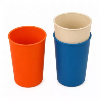 LEAN TOYS Bērnu bambusa šķiedras trauku komplekts, zils un oranžs, 15 gab.