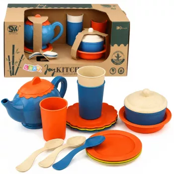 LEAN TOYS Bērnu bambusa šķiedras trauku komplekts, zils un oranžs, 15 gab.