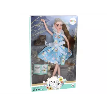LEAN TOYS Bērnu lelle Emily Spring Garie Mati Zilā Kleita Kaķēns
