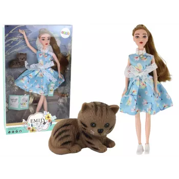 LEAN TOYS Bērnu lelle Emily Spring Garie Mati Zilā Kleita Kaķēns