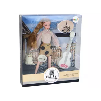 LEAN TOYS Bērnu lelle Emilija ar ģitāru, brillēm, gariem blondiem matiem un kaķēnu