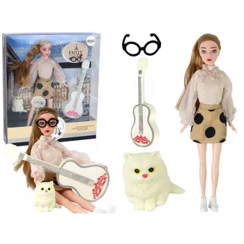 LEAN TOYS Bērnu lelle Emilija ar ģitāru, brillēm, gariem blondiem matiem un kaķēnu