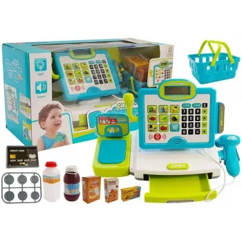 LEAN TOYS Bērnu elektroniskais kases aparāts ar groziņu – zils, ar kalkulatoru, skaņu un gaismu, 25 aksesuāri, 3+