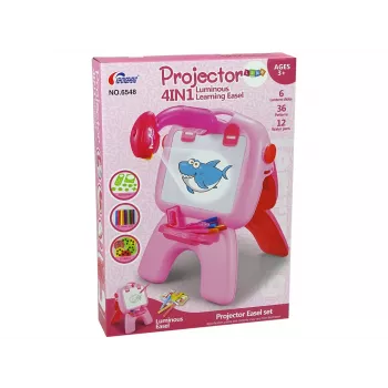 LEAN TOYS Divpusējā tāfele ar krīta pildspalvām, statīvu un projektoru Attēli Rozā