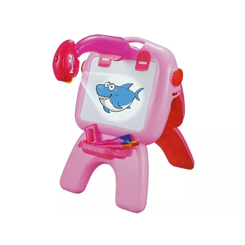 LEAN TOYS Divpusējā tāfele ar krīta pildspalvām, statīvu un projektoru Attēli Rozā