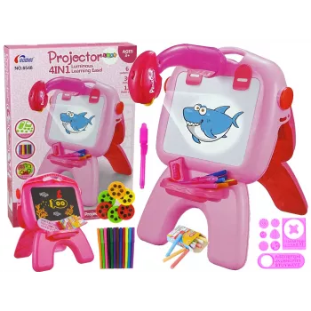 LEAN TOYS Divpusējā tāfele ar krīta pildspalvām, statīvu un projektoru Attēli Rozā