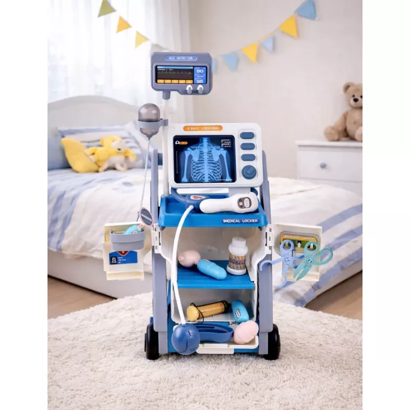 LEAN TOYS Little Doctor's Set Medical Cart X-Ray ECG Lights Blue 16 pcs