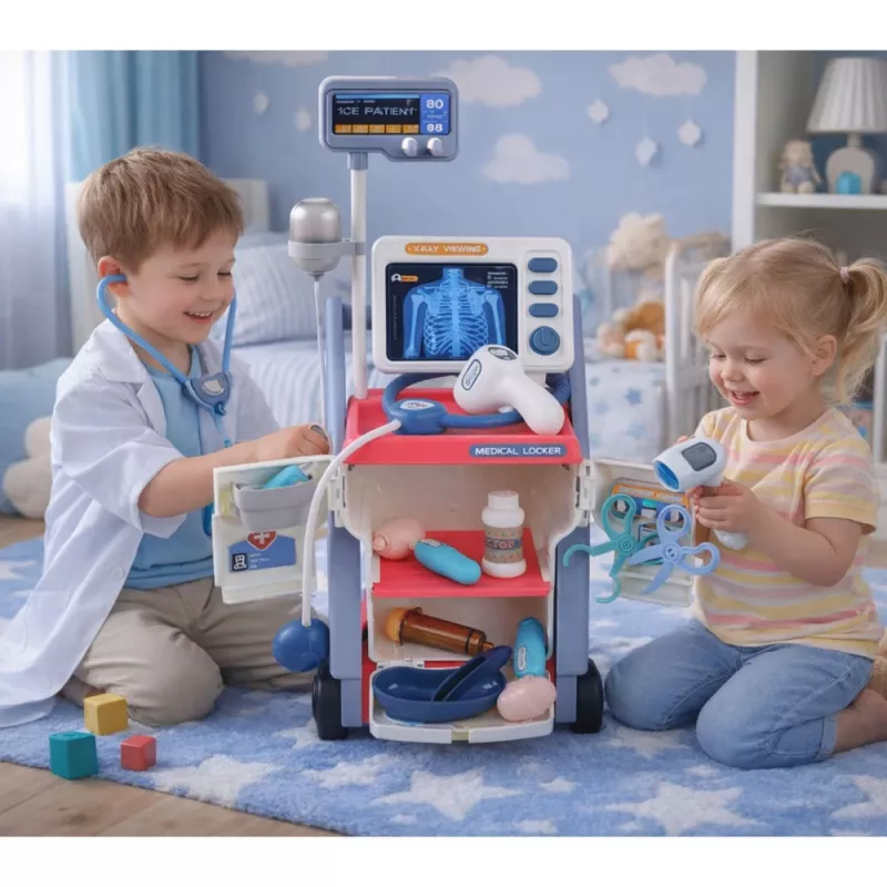 LEAN TOYS Little Doctor's Set Medical Cart X-Ray ECG Lights Pink 16 pcs.