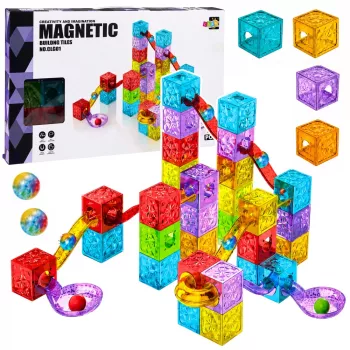 LEAN TOYS Magnētiskie būvbloki 60 gab. - krāsains kubu un lodīšu sliežu konstruktors