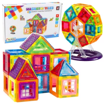 LEAN TOYS Magnētiskie celtniecības bloki, 70 gab. – STEM konstruktors ar spēcīgiem neodīma magnētiem, daudzkrāsaina ABS plastmasa, drošs un izturīgs bērniem no 3 gadiem