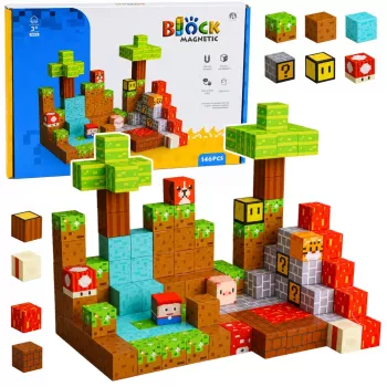 LEAN TOYS Magnetic Construction Blocks Pixel World krāsainie kubi 146 gab.