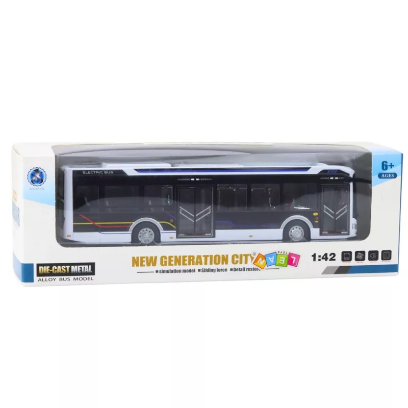 LEAN TOYS Metal City Bus White 1:43 Die-Cast Pull-Back Modelis ar Atveramām Durvīm