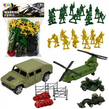LEAN TOYS Militārais komplekts ar karavīriem, helikopteru un transportlīdzekļiem - 58 gab.