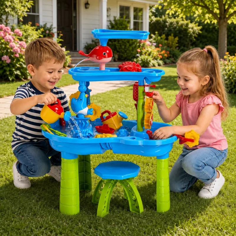 LEAN TOYS Multi-level Water Table Playground ar krēslu, piederumiem un veidnēm 63cm