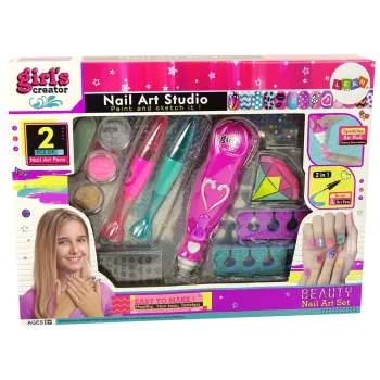 LEAN TOYS Nagu krāsošanas komplekts ar nagu pildspalvām, mirdzumu dozatoru un dimantiem