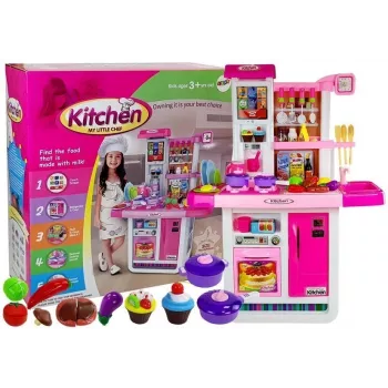 LEAN TOYS Pink Kitchen ar Ūdens Podiem, Pārtikas Precēm un Skaņu