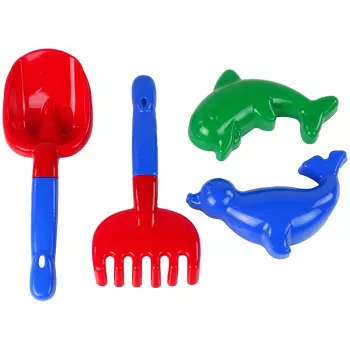 LEAN TOYS Smilšu piederumu 4 daļu komplekts – lāpstiņa, grābeklis, 2 veidnes, izturīga plastmasa, vecumam no 12 mēn.