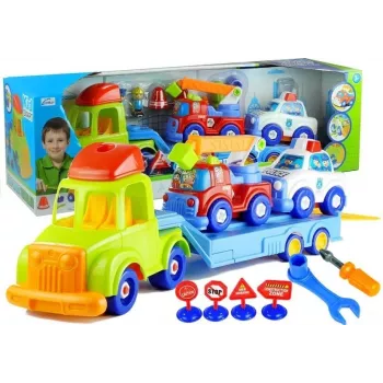LEAN TOYS Set of Vehicles Police Fire Engine Auto Transport Trailer Unscrewing