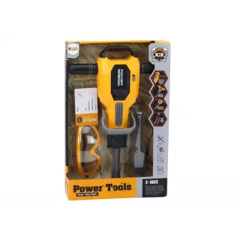LEAN TOYS Rotaļu pneimatiskais āmurs ar ķiveri un brillēm – dzeltens, 3+ gadi, gaismas un skaņas, 4 daļu komplekts