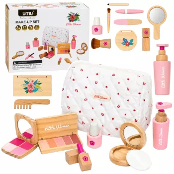 LEAN TOYS Wooden Beauty Set For Girls With White Cosmetic Bag 17 Pieces
