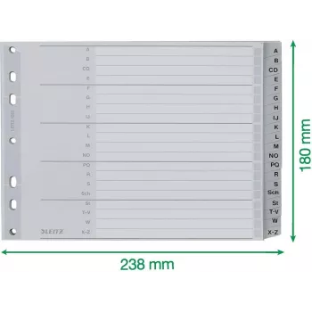 Leitz A-Z alfabētiskie atdalītāji, A4, pelēki plastmasas dēlīši uz 250 g/m² kartona, 20 daļas, 11 caurumu universālā perforācija 1262-01-00