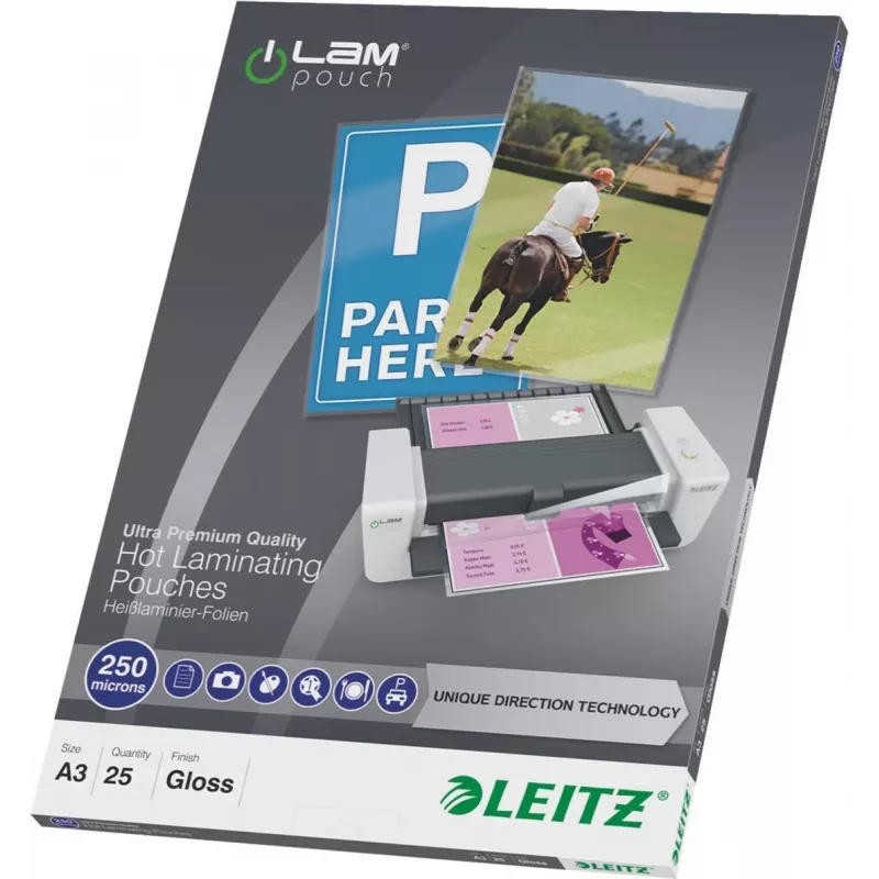 LEITZ A3 spīdīgas laminēšanas kabatas 250 mikronu Crystal Clear, 25 gab. (7491-00-00)