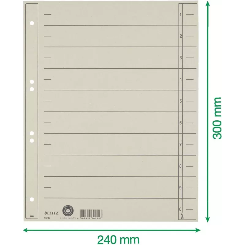 LEITZ A4 īpaši platās reģistra starplikas, manilas kartons 230 g/m², pelēkas caurkrāsotas, tukšas cilnes, 100 loksnes 1658-00-85