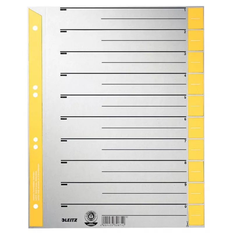 LEITZ A4 īpaši platais kartona nodalītājs, 230gsm, pelēks ar dzeltenām tukšām cilnēm, 10 daļu komplekts 1652-00-15