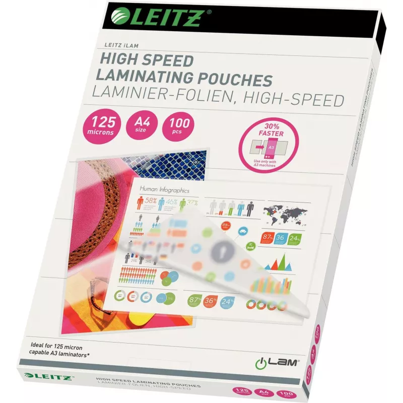 Leitz A4 laminēšanas kabatas, 80 mikroni, spīdīgas, 100 gab., Jam-Free UDT 7430-00-02