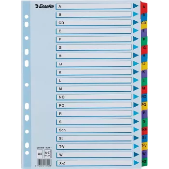 LEITZ A4 Mylar A–Z satura rādītāja atdalītāji, 26 cilnes, daudzkrāsu, universāls perforējums, 160 g/m², 1 komplekts (100167)