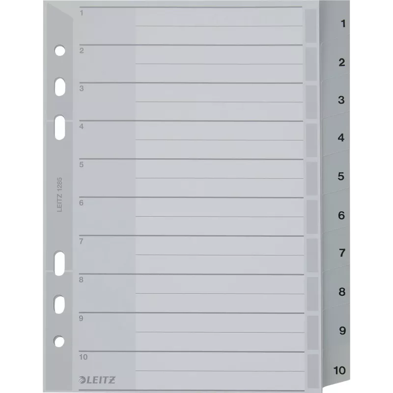 LEITZ A5 plastmasas atdalītāji ar numuriem 1-10, pelēki, 10 daļas, polipropilēns, 0,12 mm, ar rakstāmu vāku 1285-00-00