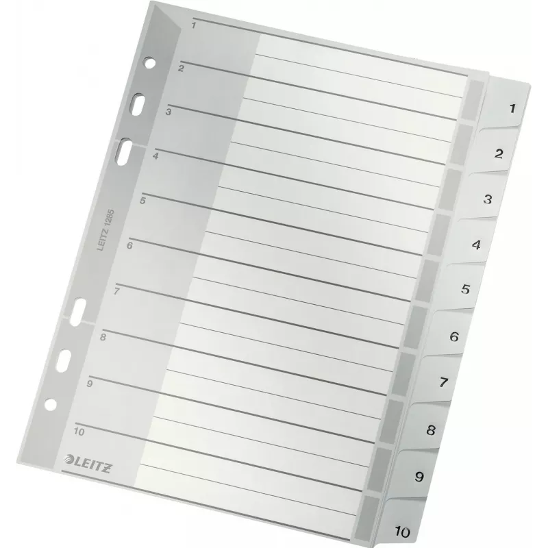 LEITZ A5 plastmasas atdalītāji ar numuriem 1-10, pelēki, 10 daļas, polipropilēns, 0,12 mm, ar rakstāmu vāku 1285-00-00